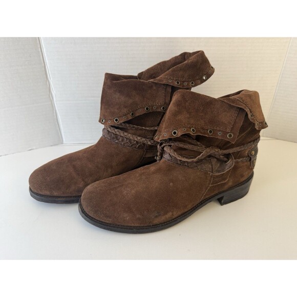 TRASK Women's Brown Suede Ankle Boots- SZ 9.5 36-01342 fold over braided detail - Picture 2 of 15